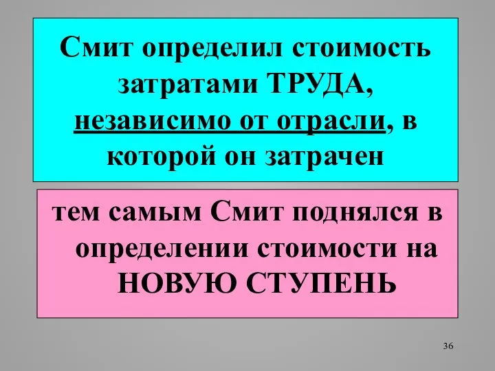 Смит определил стоимость затратами ТРУДА, независимо от отрасли, в которой он