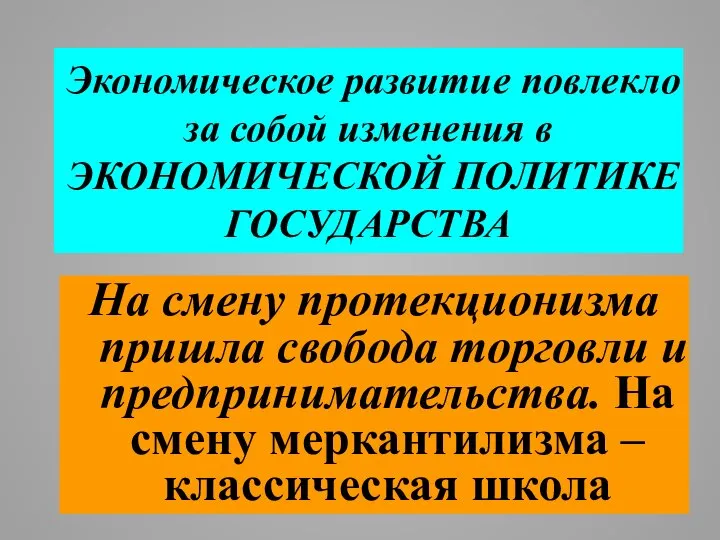 Экономическое развитие повлекло за собой изменения в ЭКОНОМИЧЕСКОЙ ПОЛИТИКЕ ГОСУДАРСТВА На