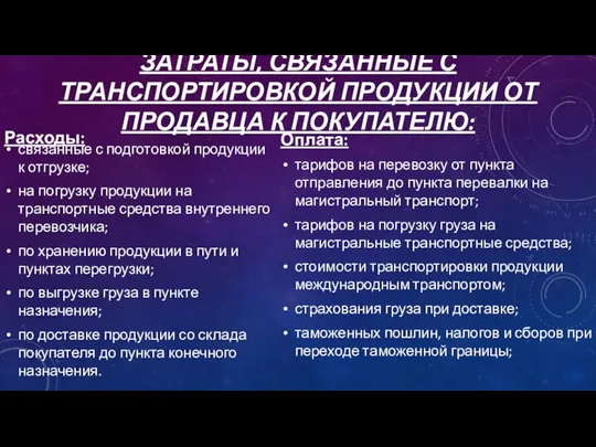 ЗАТРАТЫ, СВЯЗАННЫЕ С ТРАНСПОРТИРОВКОЙ ПРОДУКЦИИ ОТ ПРОДАВЦА К ПОКУПАТЕЛЮ: связанные с