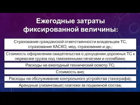 Ежегодные затраты фиксированной величины: Страхование гражданской ответственности владельцев ТС, страхование КАСКО,