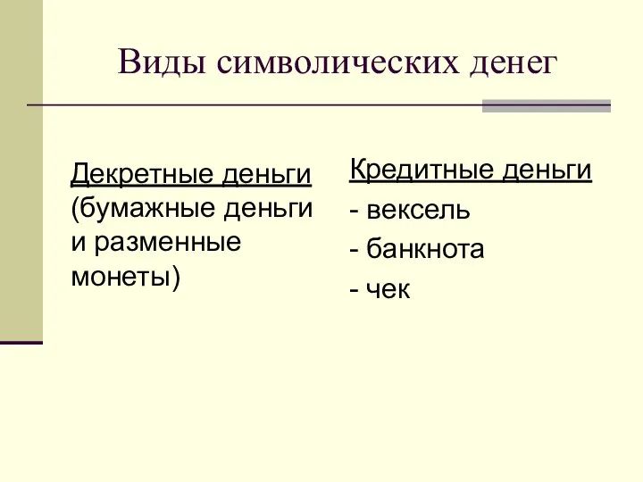 Виды символических денег Декретные деньги (бумажные деньги и разменные монеты) Кредитные