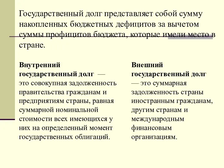 Государственный долг представляет собой сумму накопленных бюджетных дефицитов за вычетом суммы