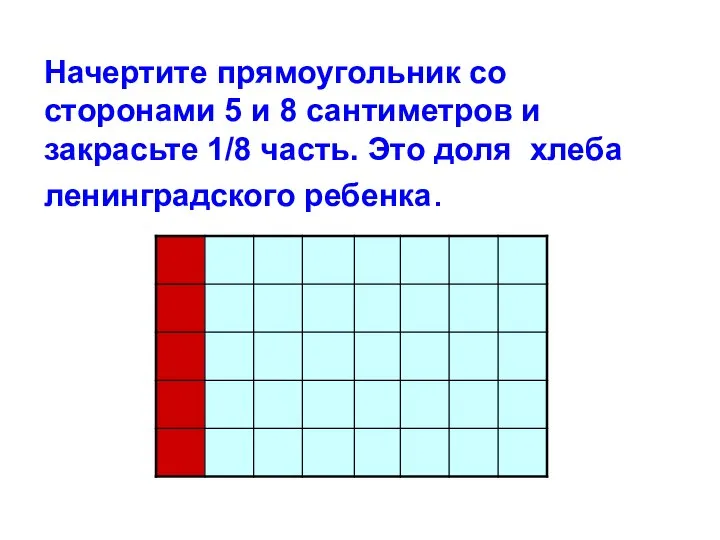 Начертите прямоугольник со сторонами 5 и 8 сантиметров и закрасьте 1/8