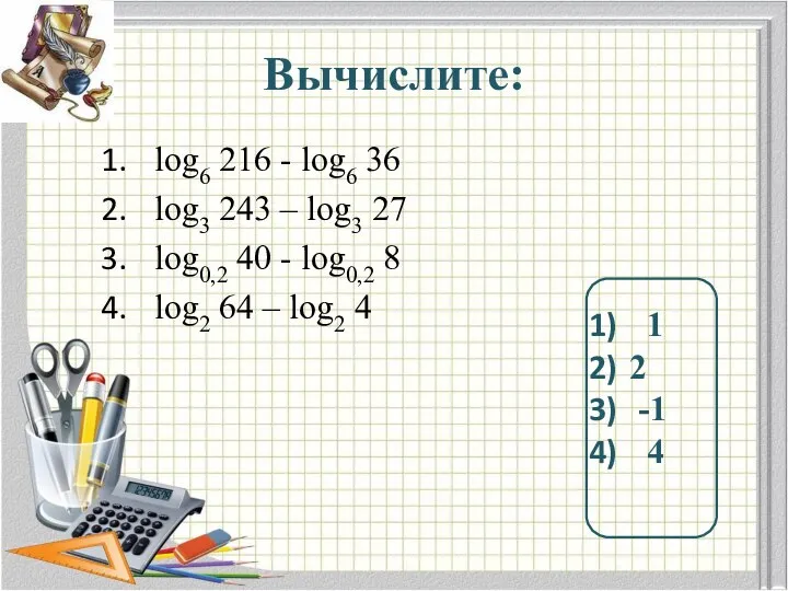 Вычислите: log6 216 - log6 36 log3 243 – log3 27