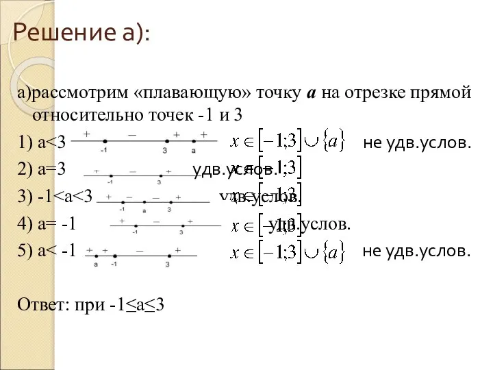 Решение а): а)рассмотрим «плавающую» точку а на отрезке прямой относительно точек