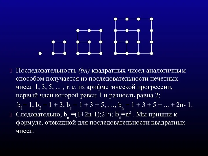 Последовательность (bп) квадратных чисел аналогичным способом получается из последовательности нечетных чисел