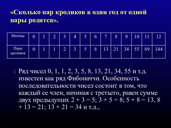 «Сколько пар кроликов в один год от одной пары родится». Ряд