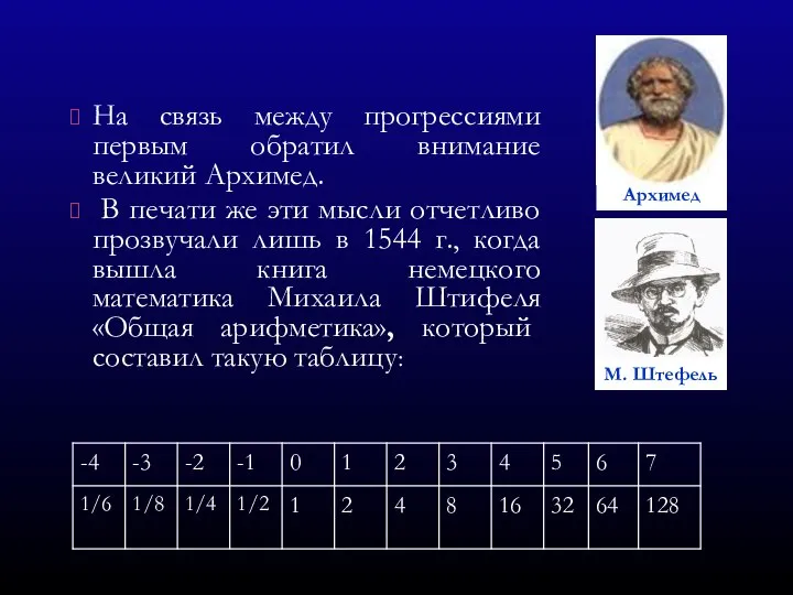 На связь между прогрессиями первым обратил внимание великий Архимед. В печати