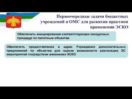 Первоочередные задачи бюджетных учреждений и ОМС для развития практики применения ЭСКО