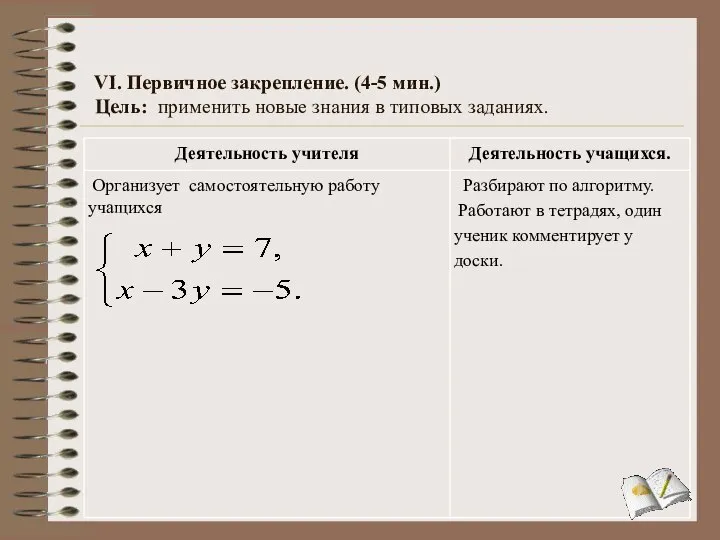 VI. Первичное закрепление. (4-5 мин.) Цель: применить новые знания в типовых заданиях.