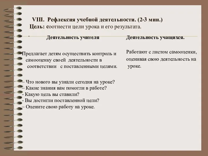 VIII. Рефлексия учебной деятельности. (2-3 мин.) Цель: соотнести цели урока и его результата. .