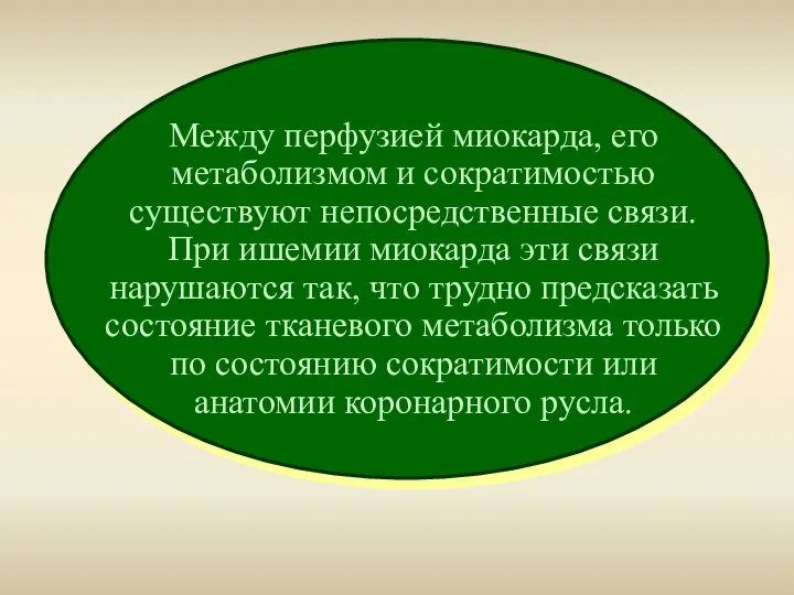 Между перфузией миокарда, его метаболизмом и сократимостью существуют непосредственные связи. При