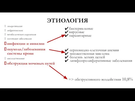 ЭТИОЛОГИЯ лекарственные нефротоксины метаболические нарушения системные заболевания инфекции и инвазии опухоли/заболевания