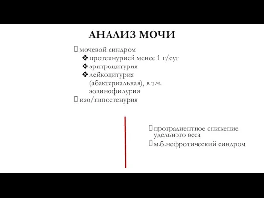 АНАЛИЗ МОЧИ мочевой синдром протеинурией менее 1 г/сут эритроцитурия лейкоцитурия (абактериальная),