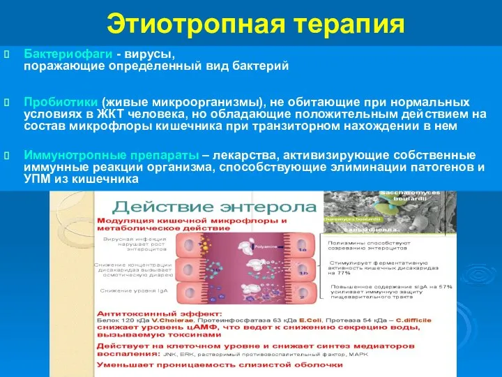 Этиотропная терапия Бактериофаги - вирусы, поражающие определенный вид бактерий Пробиотики (живые