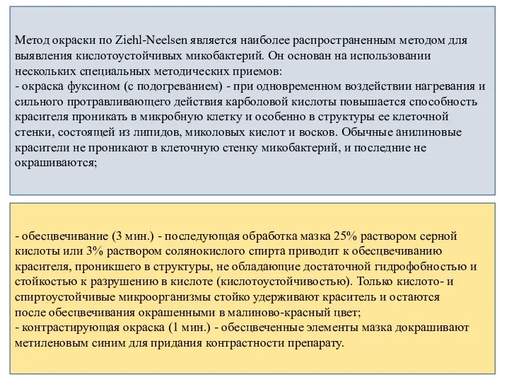 Метод окраски по Ziehl-Neelsen является наиболее распространенным методом для выявления кислотоустойчивых