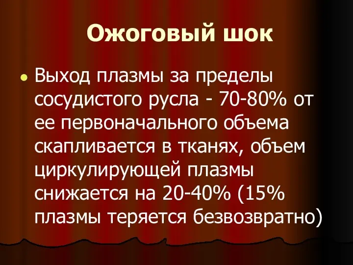 Выход плазмы за пределы сосудистого русла - 70-80% от ее первоначального