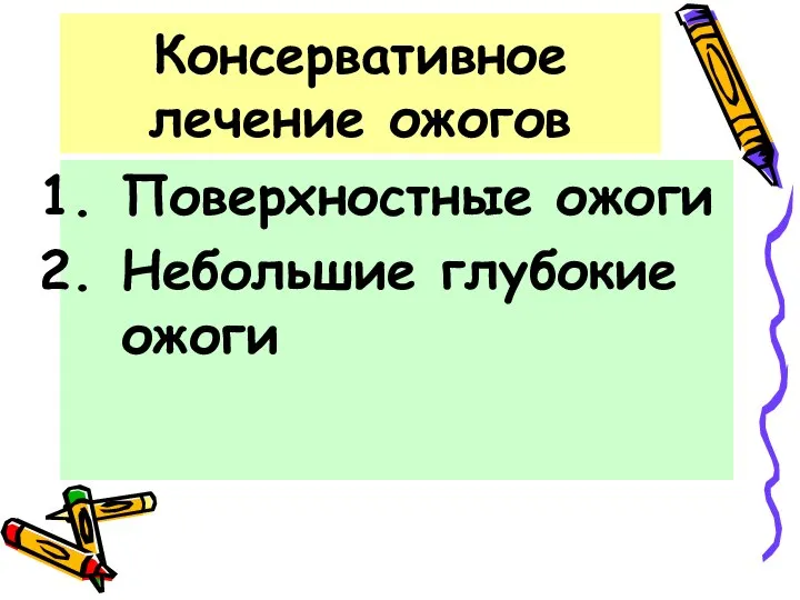 Консервативное лечение ожогов Поверхностные ожоги Небольшие глубокие ожоги