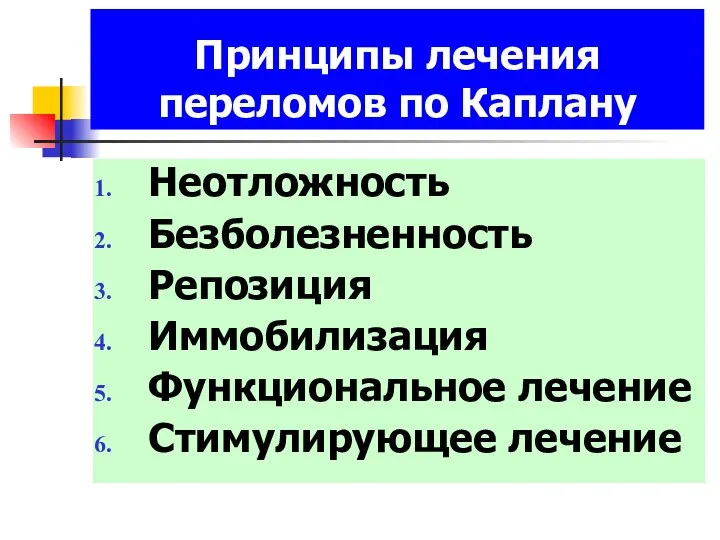 Принципы лечения переломов по Каплану Неотложность Безболезненность Репозиция Иммобилизация Функциональное лечение Стимулирующее лечение