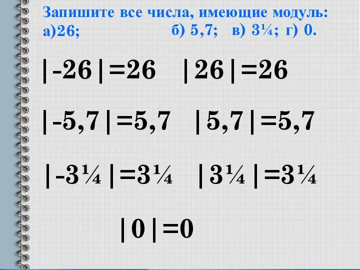 Запишите все числа, имеющие модуль: а)26; |-26|=26 |26|=26 б) 5,7; |-5,7|=5,7