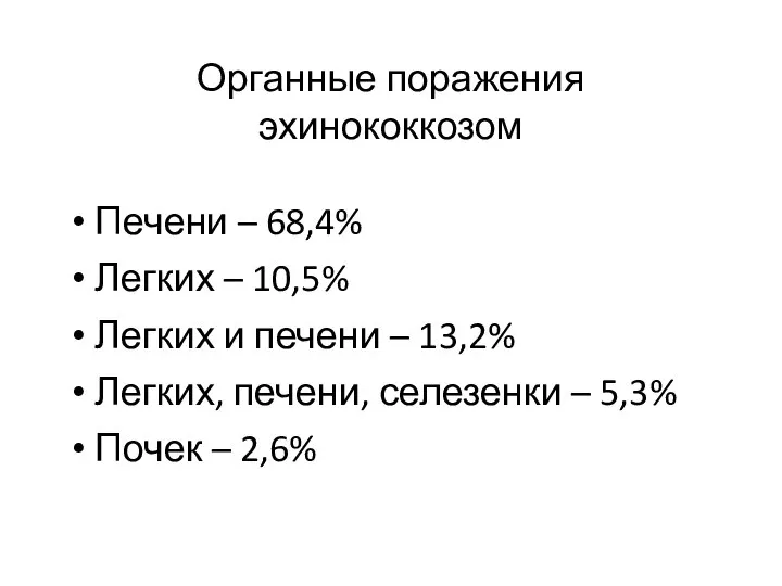 Органные поражения эхинококкозом Печени – 68,4% Легких – 10,5% Легких и