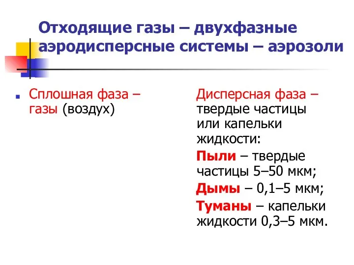 Отходящие газы – двухфазные аэродисперсные системы – аэрозоли Сплошная фаза –