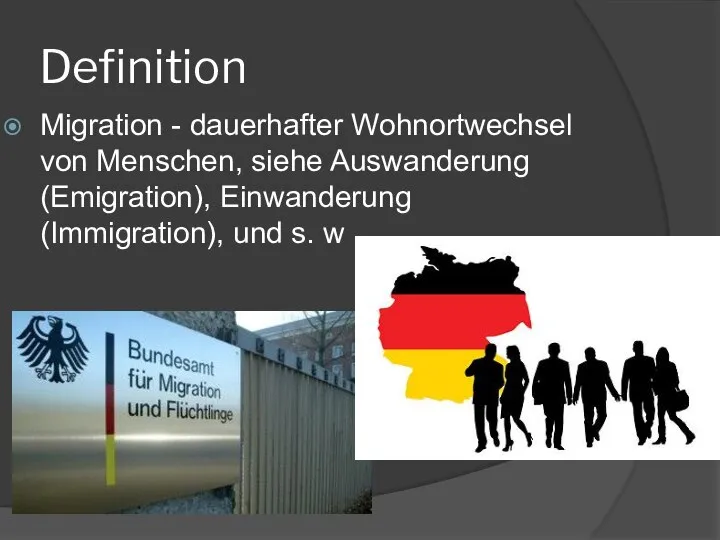 Definition Migration - dauerhafter Wohnortwechsel von Menschen, siehe Auswanderung (Emigration), Einwanderung (Immigration), und s. w
