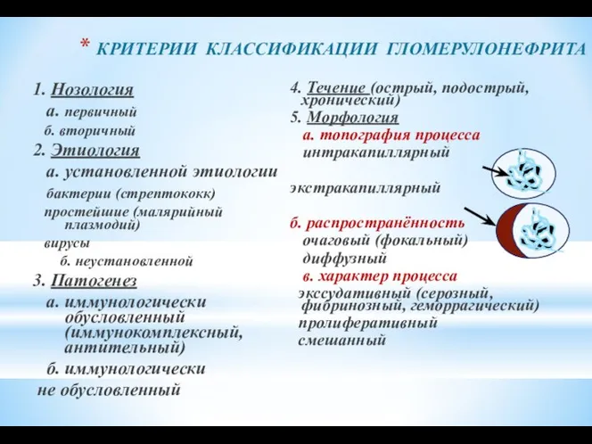 КРИТЕРИИ КЛАССИФИКАЦИИ ГЛОМЕРУЛОНЕФРИТА 1. Нозология а. первичный б. вторичный 2. Этиология