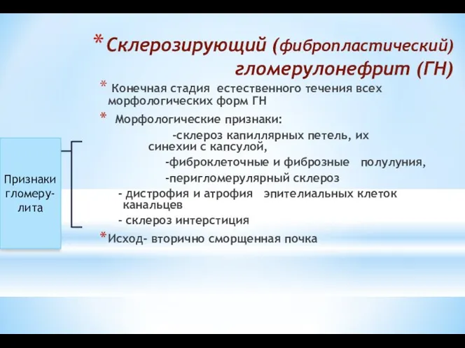 Склерозирующий (фибропластический) гломерулонефрит (ГН) Конечная стадия естественного течения всех морфологических форм