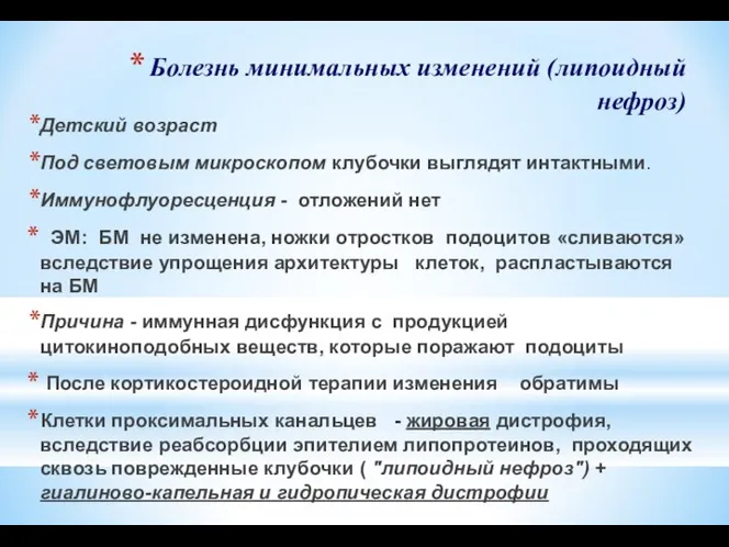 Болезнь минимальных изменений (липоидный нефроз) Детский возраст Под световым микроскопом клубочки