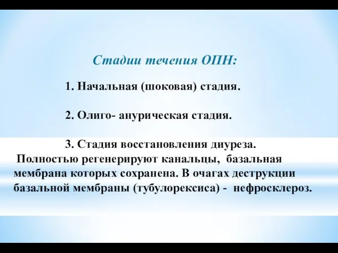 Стадии течения ОПН: 1. Начальная (шоковая) стадия. 2. Олиго- анурическая стадия.