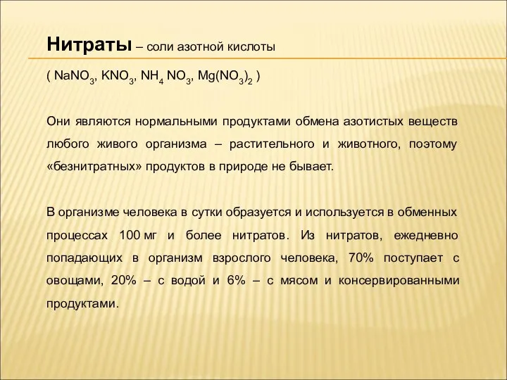 Нитраты – соли азотной кислоты ( NaNO3, KNO3, NH4 NO3, Mg(NO3)2