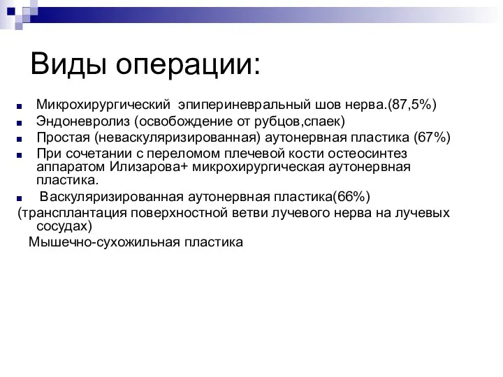 Виды операции: Микрохирургический эпипериневральный шов нерва.(87,5%) Эндоневролиз (освобождение от рубцов,спаек) Простая