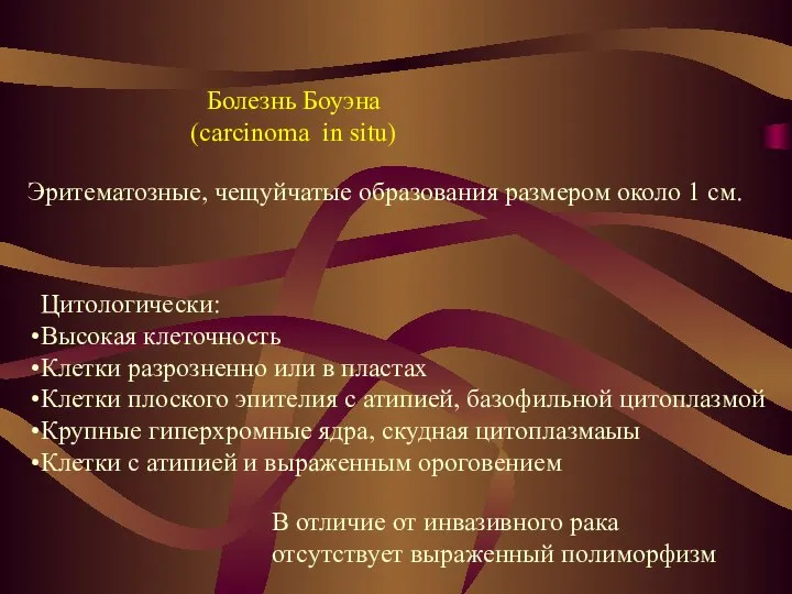 Болезнь Боуэна (carcinoma in situ) Эритематозные, чещуйчатые образования размером около 1