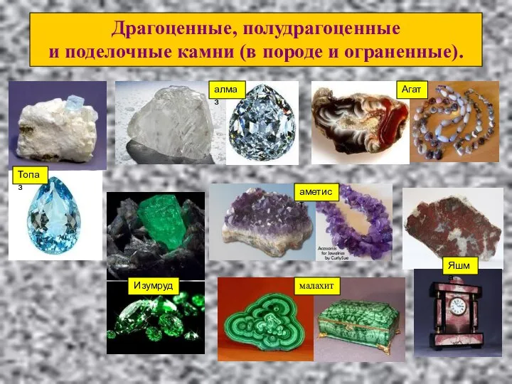 Топаз алмаз малахит Драгоценные, полудрагоценные и поделочные камни (в породе и ограненные). Изумруд Агат аметист Яшма