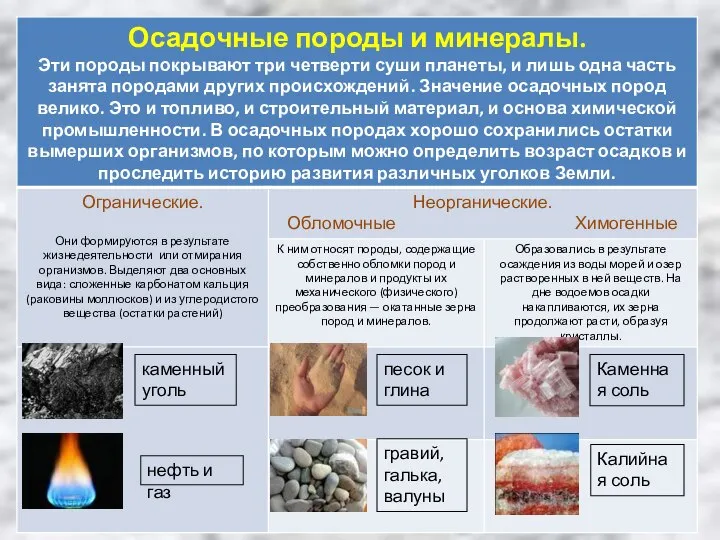 каменный уголь нефть и газ песок и глина гравий, галька, валуны Каменная соль Калийная соль