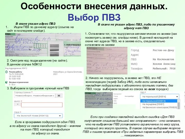 Особенности внесения данных. Выбор ПВЗ В скане указан адрес ПВЗ В