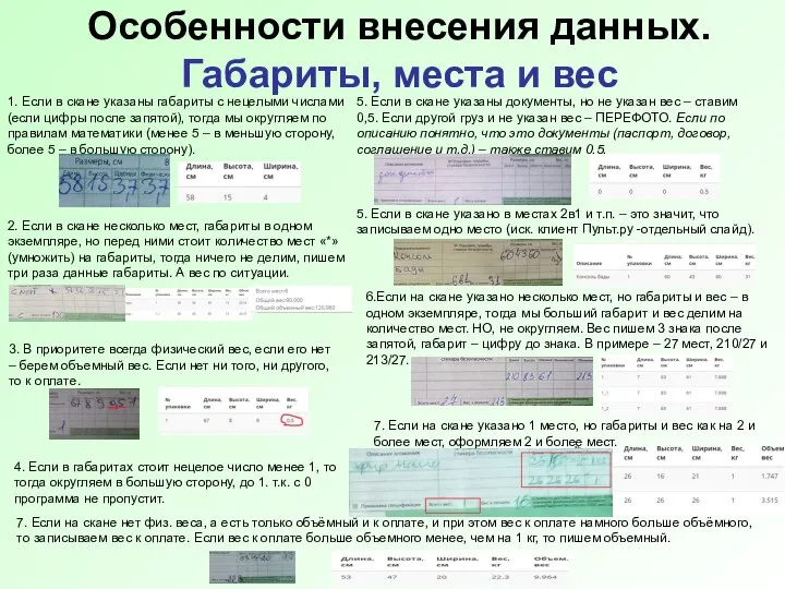 Особенности внесения данных. Габариты, места и вес 1. Если в скане