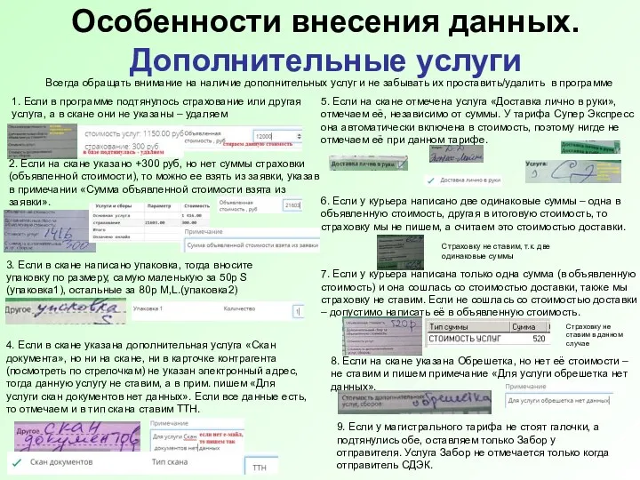 Особенности внесения данных. Дополнительные услуги Всегда обращать внимание на наличие дополнительных