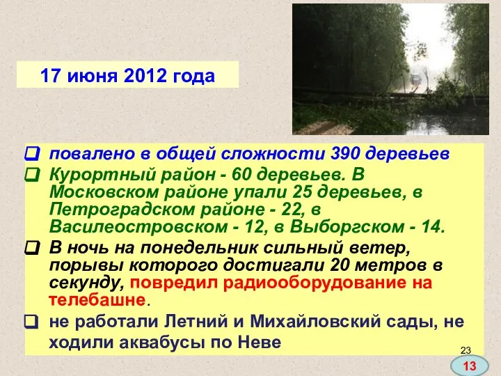 17 июня 2012 года повалено в общей сложности 390 деревьев Курортный