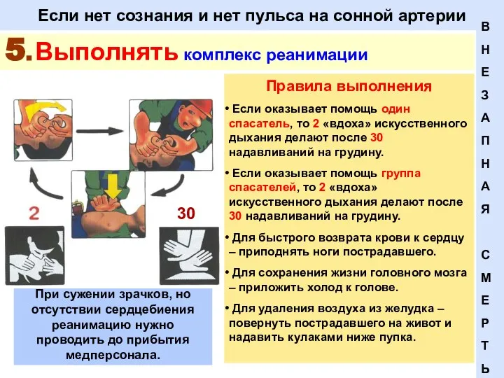 Если нет сознания и нет пульса на сонной артерии 5. Выполнять