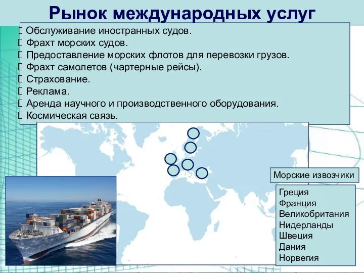 Рынок международных услуг Обслуживание иностранных судов. Фрахт морских судов. Предоставление морских