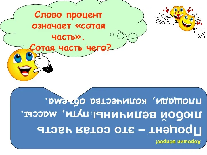 Слово процент означает «сотая часть». Сотая часть чего? Хороший вопрос! Процент