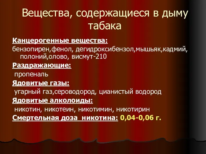 Вещества, содержащиеся в дыму табака Канцерогенные вещества: бензопирен,фенол, дегидроксибензол,мышьяк,кадмий, полоний,олово, висмут-210