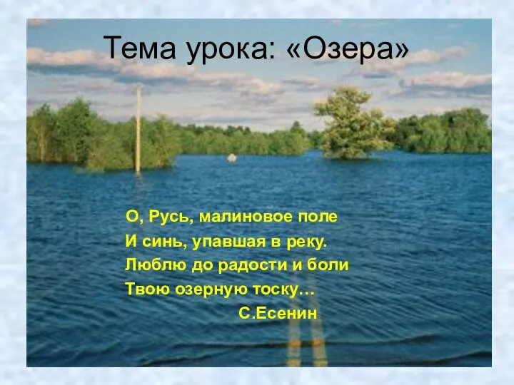 Тема урока: «Озера» О, Русь, малиновое поле И синь, упавшая в