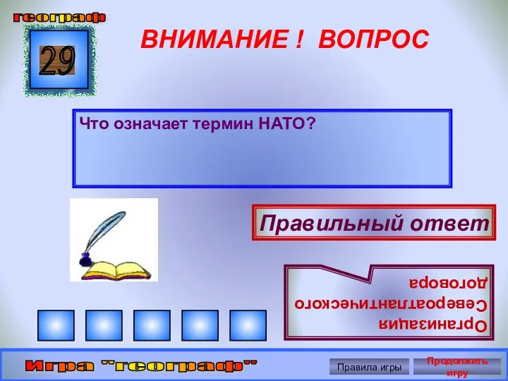 ВНИМАНИЕ ! ВОПРОС Что означает термин НАТО? 29 Правильный ответ Организация