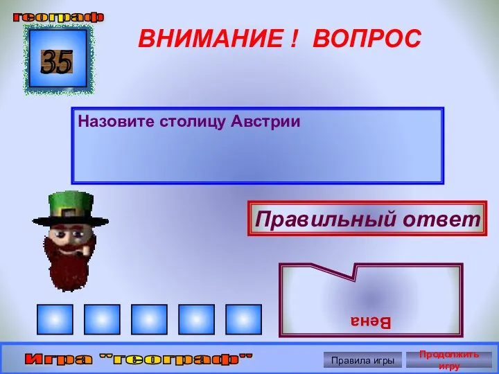 ВНИМАНИЕ ! ВОПРОС Назовите столицу Австрии 35 Правильный ответ Вена географ