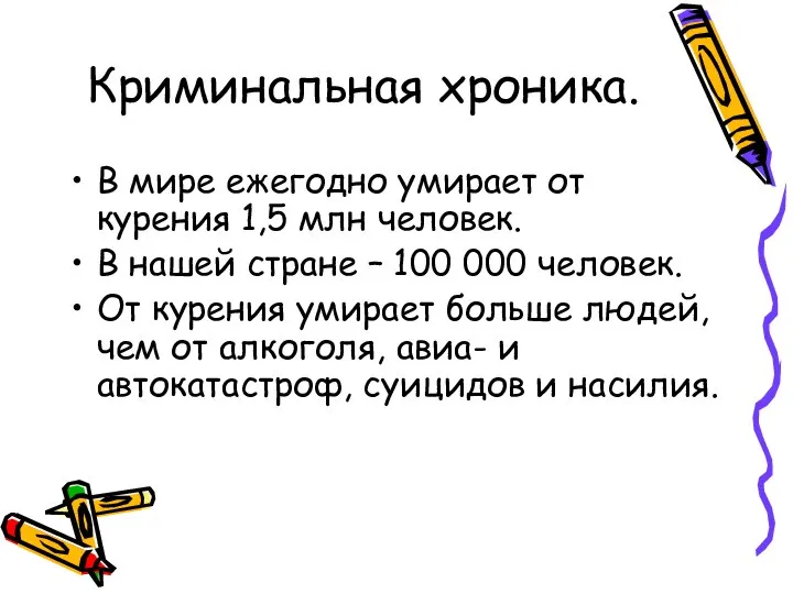 Криминальная хроника. В мире ежегодно умирает от курения 1,5 млн человек.