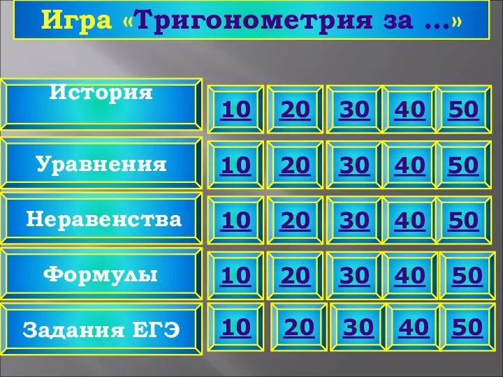 20 Неравенства Уравнения История Формулы Задания ЕГЭ 10 30 40 50