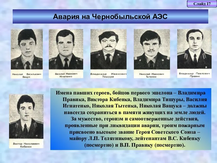 Слайд 17 Авария на Чернобыльской АЭС Имена павших героев, бойцов первого
